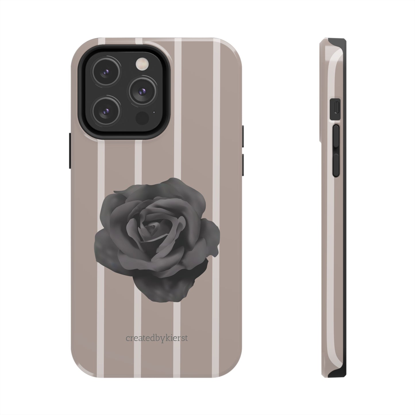 Cream and Brown Vertical Stripes with Black Rose iPhone Case