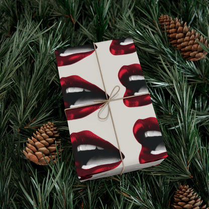 Vintage Red Lips Gift Wrapping Paper – Glossy Pop Art Mouths on Bone Color