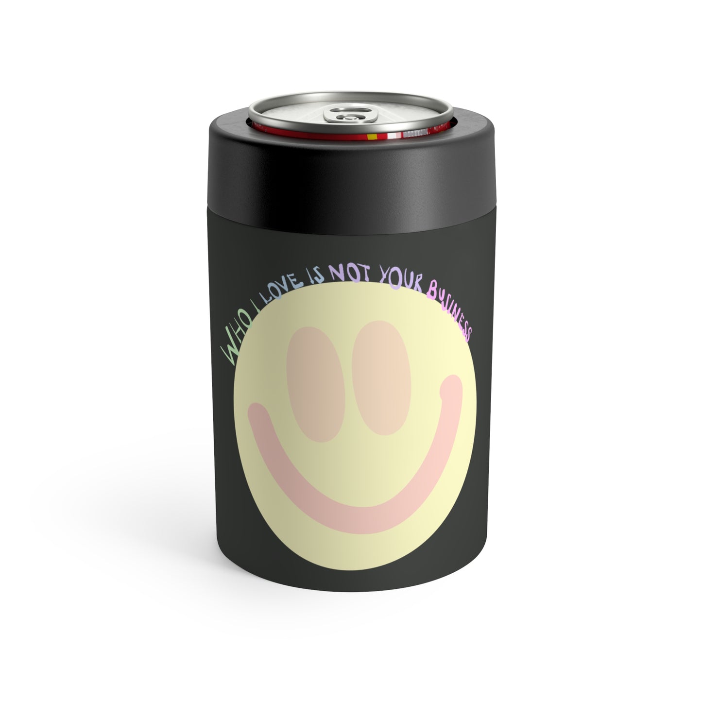 Who I Love Can Holder – Black with Pastel Smiley & Pride Message