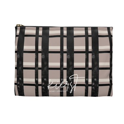 Plaid Luxe Accessory Pouch – Taupe, Black, and Glitter Detail in a Chic Grid