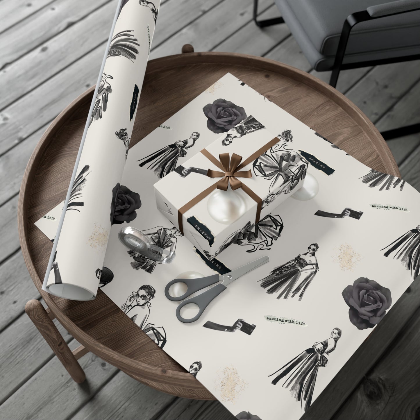 B&W Fashion Illustration Gift Wrapping Paper | Elegant Sketches on Bone White