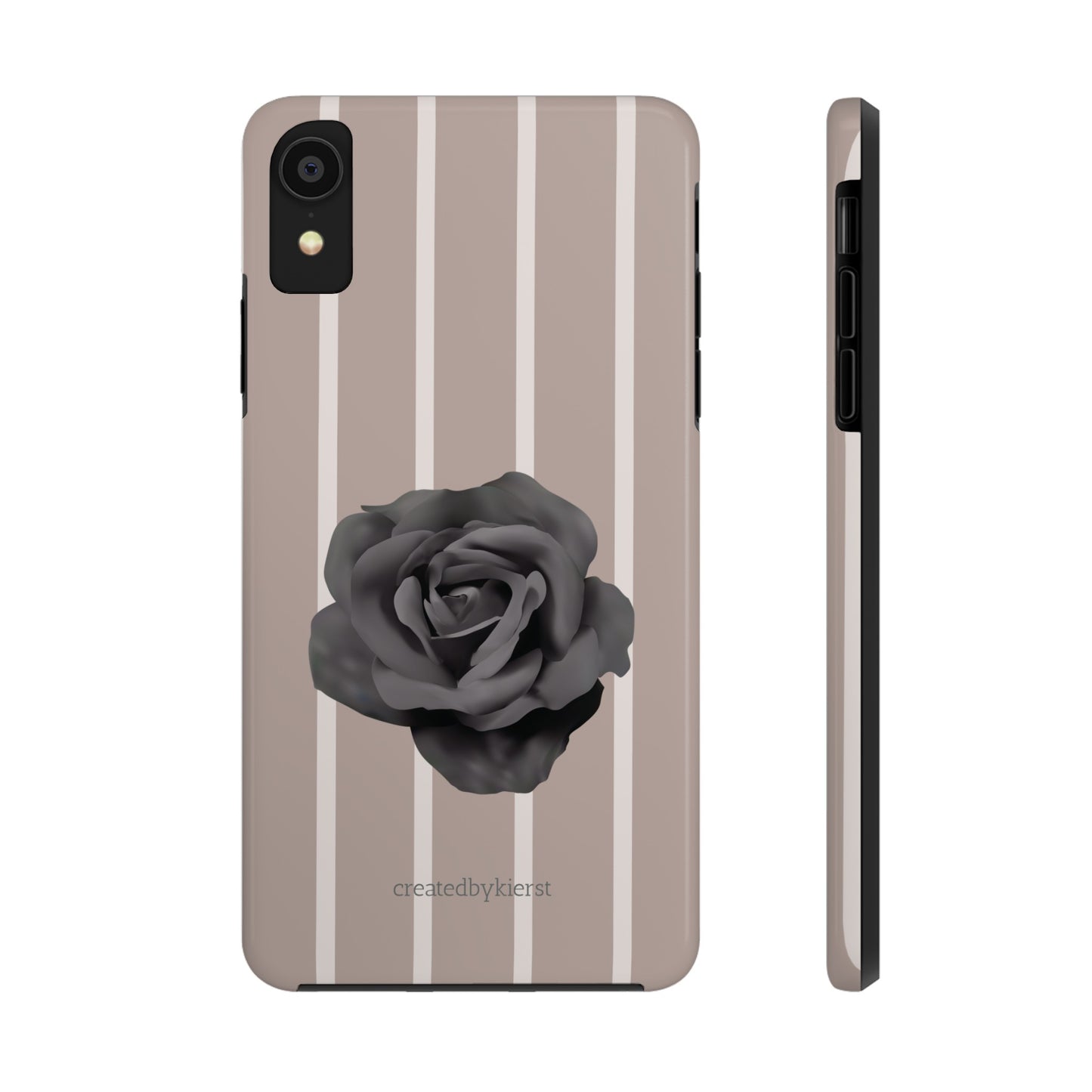 Cream and Brown Vertical Stripes with Black Rose iPhone Case