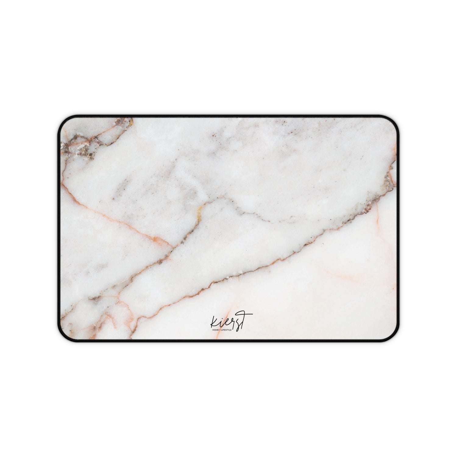 A rectangular neoprene desk mat with a warm white marble print and hemmed edges.