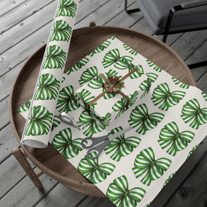 Green and White Stripe Printed Bows on Bone Gift Wrapping Paper