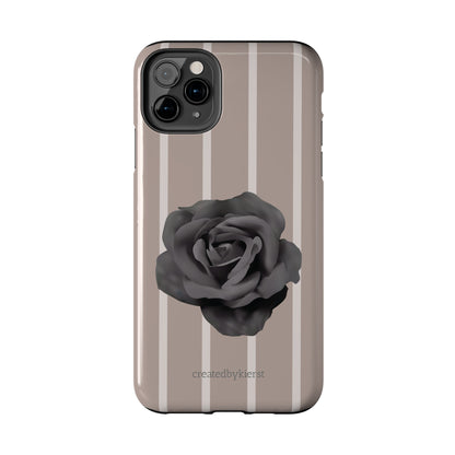 Cream and Brown Vertical Stripes with Black Rose iPhone Case