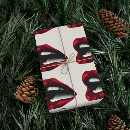 Vintage Red Lips Gift Wrapping Paper – Glossy Pop Art Mouths on Bone Color
