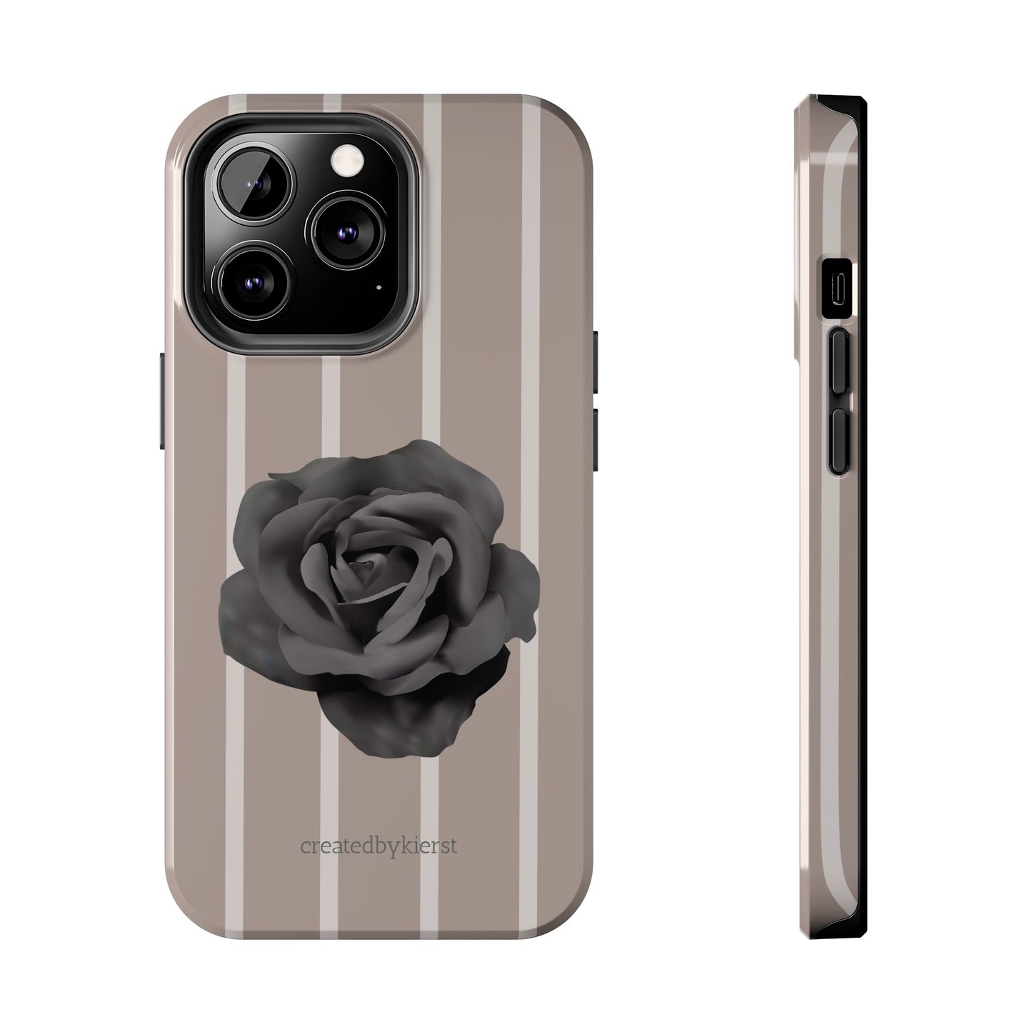 Cream and Brown Vertical Stripes with Black Rose iPhone Case