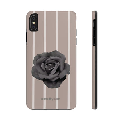 Cream and Brown Vertical Stripes with Black Rose iPhone Case