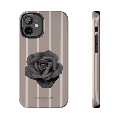 Cream and Brown Vertical Stripes with Black Rose iPhone Case