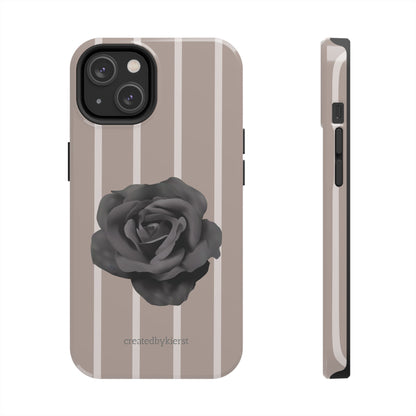 Cream and Brown Vertical Stripes with Black Rose iPhone Case