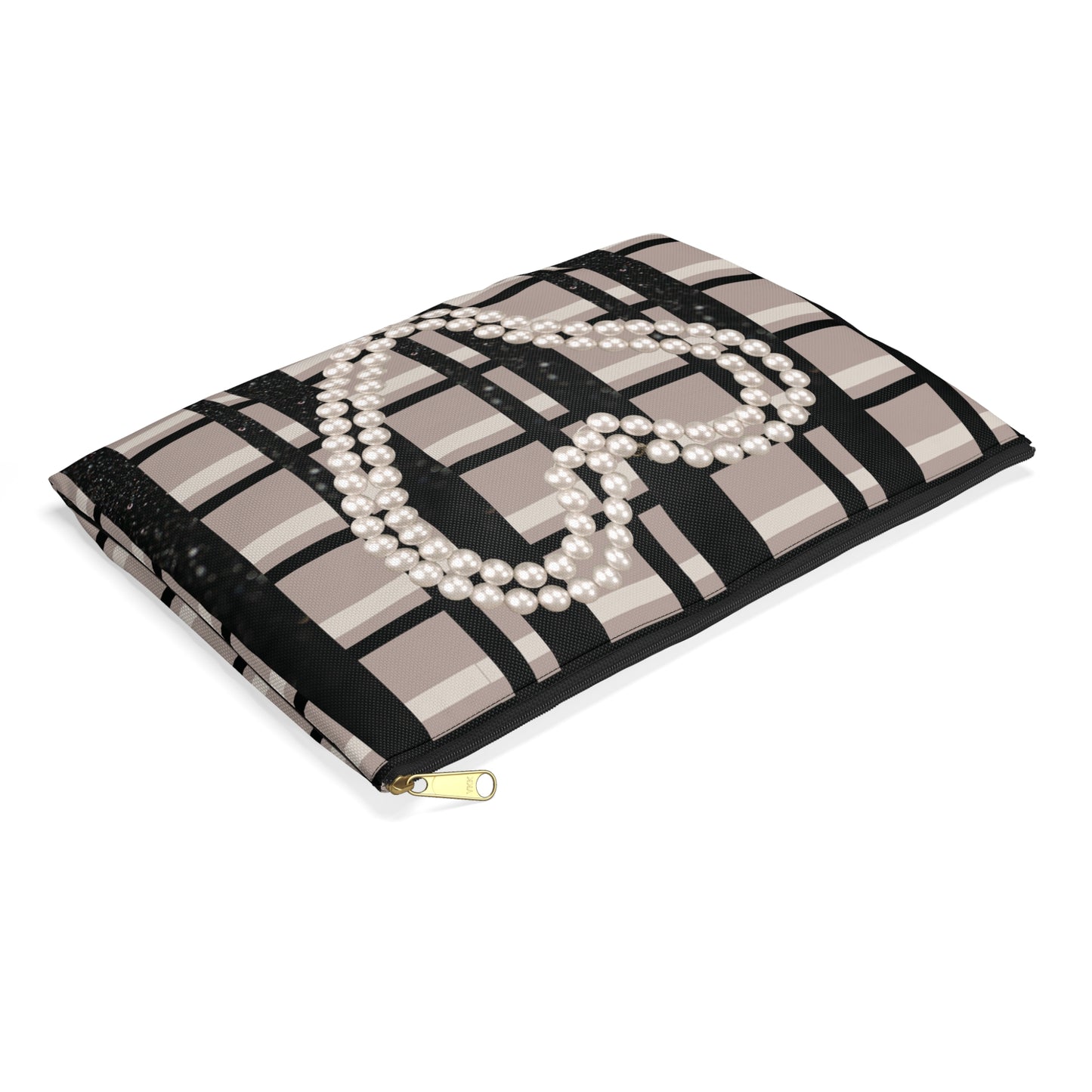 Taupe, Black, and Black Glitter Plaid with Pearl Necklace Accessory Pouch