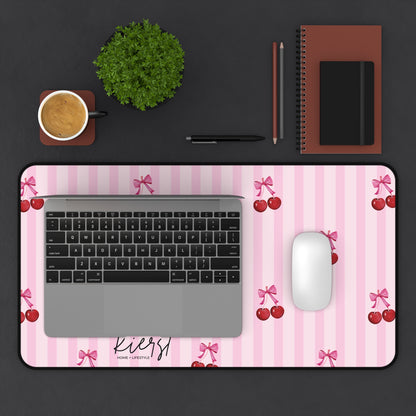Cherries on Pink Stripes Desk Mat