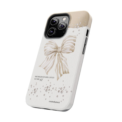 Tan and White Bow With Pearls She Believed She Could iPhone Case