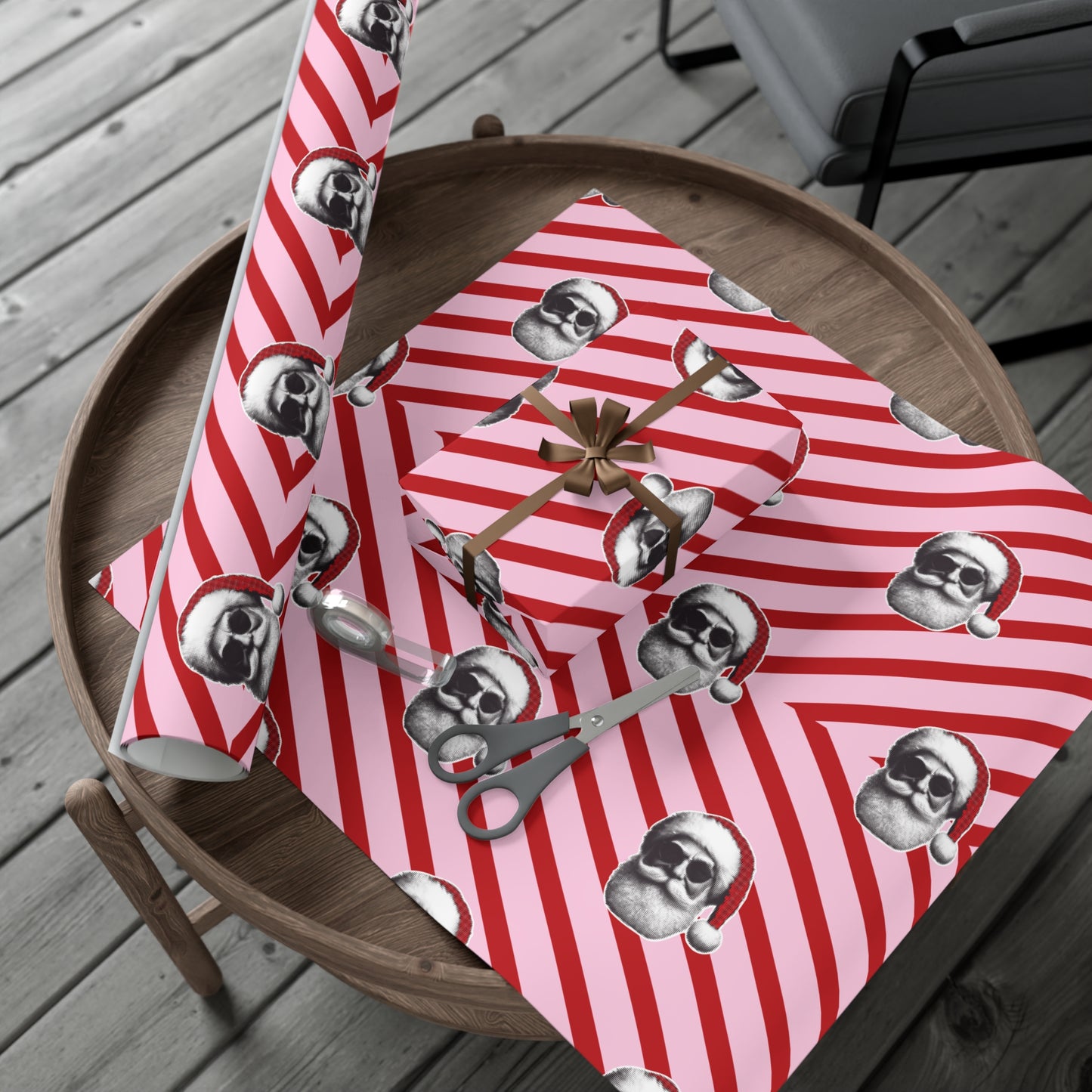 Cool Santa on Pink and Red Diagonal Striped Gift Wrapping paper