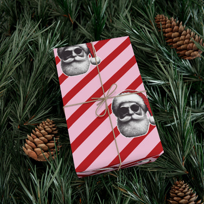 Cool Santa on Pink and Red Diagonal Striped Gift Wrapping paper