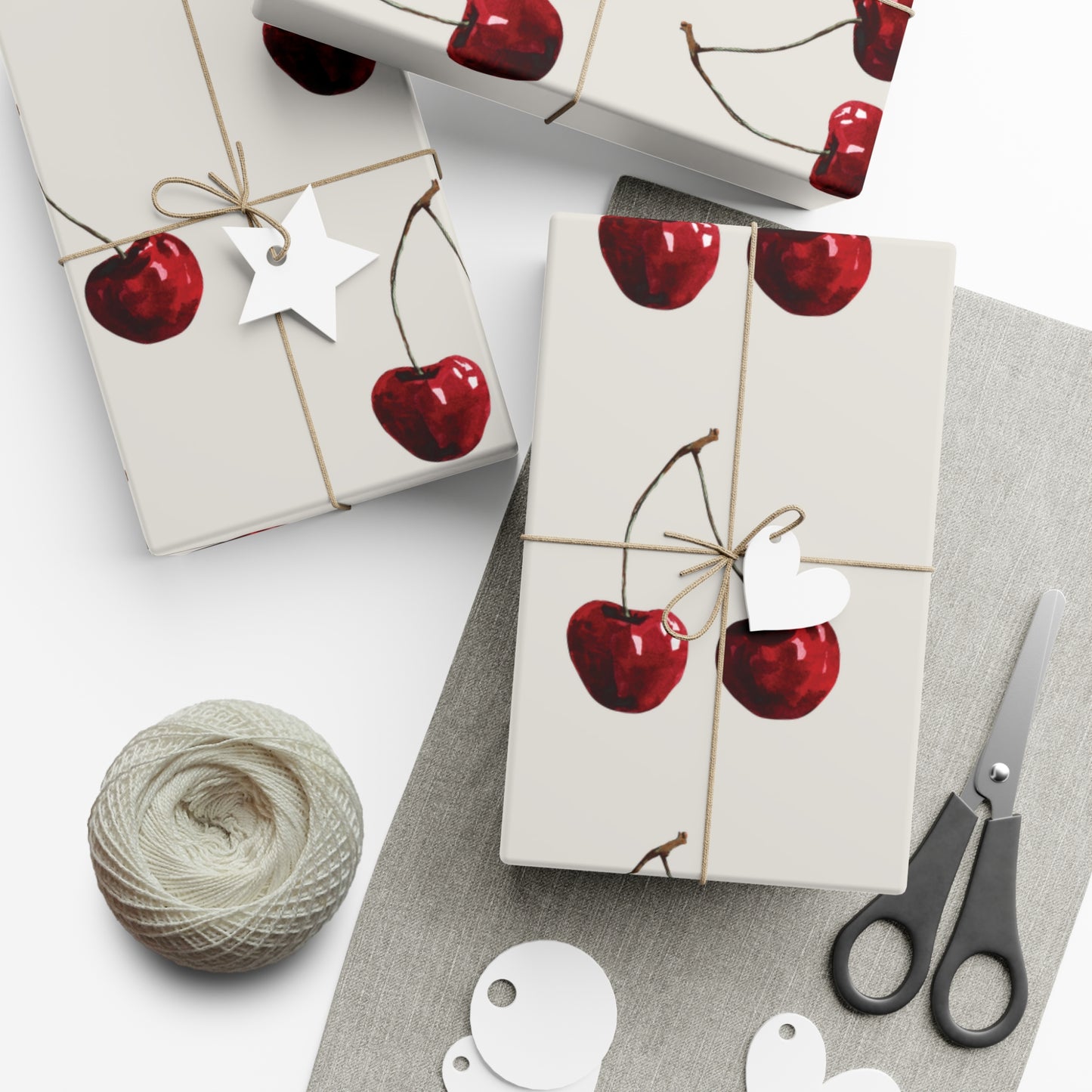Moody Cherry Stem Gift Wrapping Paper – Glossy Red Fruit on Bone Color