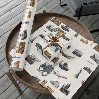 Stamped in Time Gift Wrapping Paper – Vintage Architecture & Travel Collage on Bone