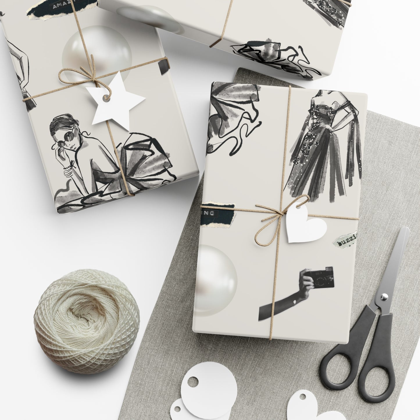 B&W Fashion Illustration Gift Wrapping Paper | Elegant Sketches on Bone White