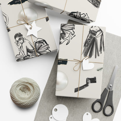B&W Fashion Illustration Gift Wrapping Paper | Elegant Sketches on Bone White