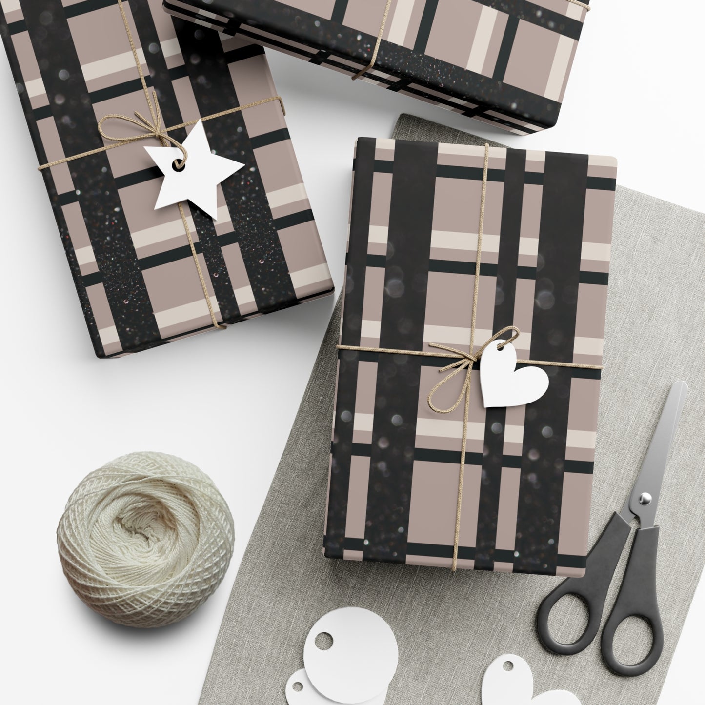 Taupe, Black, and Printed Black Glitter Plaid Gift Wrapping Paper