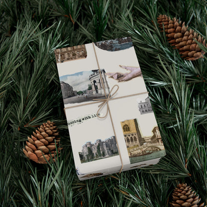 Stamped in Time Gift Wrapping Paper – Vintage Architecture & Travel Collage on Bone
