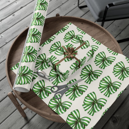 Green and White Stripe Printed Bows on Bone Gift Wrapping Paper