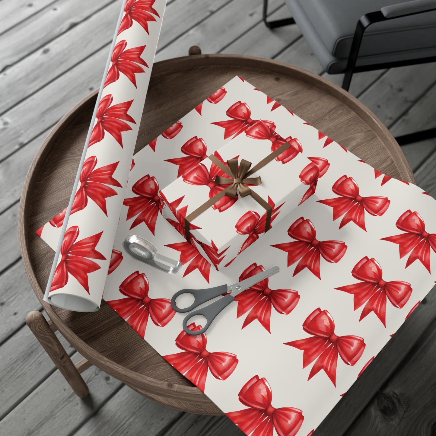 Printed Red Bows on Bone Gift Wrapping Paper