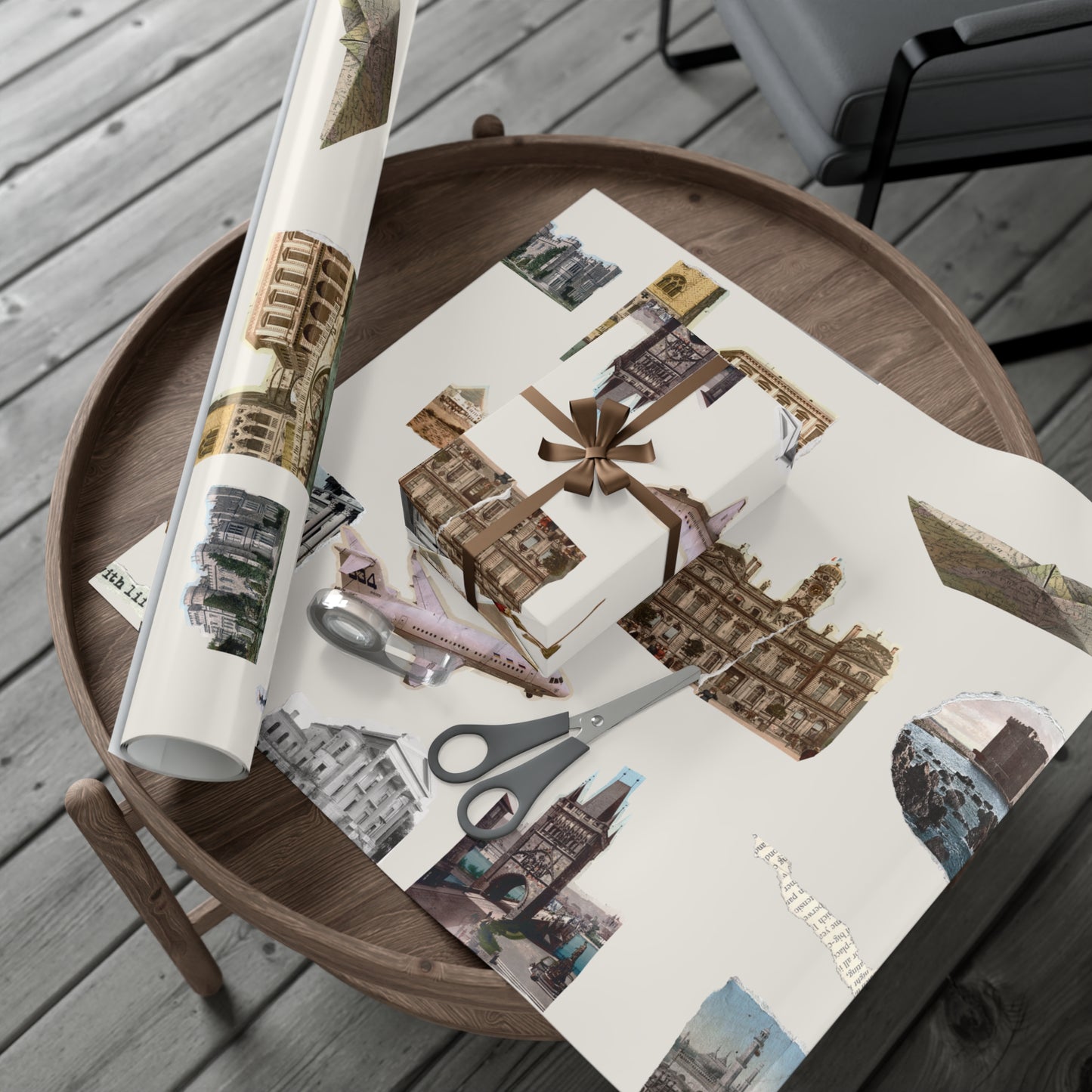 Vintage Stamps Travel Architecture on Bone Gift Wrapping Paper