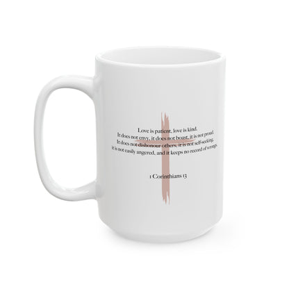 Love Is Patient Mug – Taupe Cross + Scripture