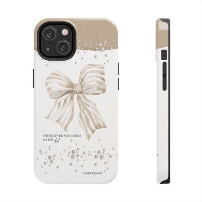 Tan and White Bow With Pearls She Believed She Could iPhone Case