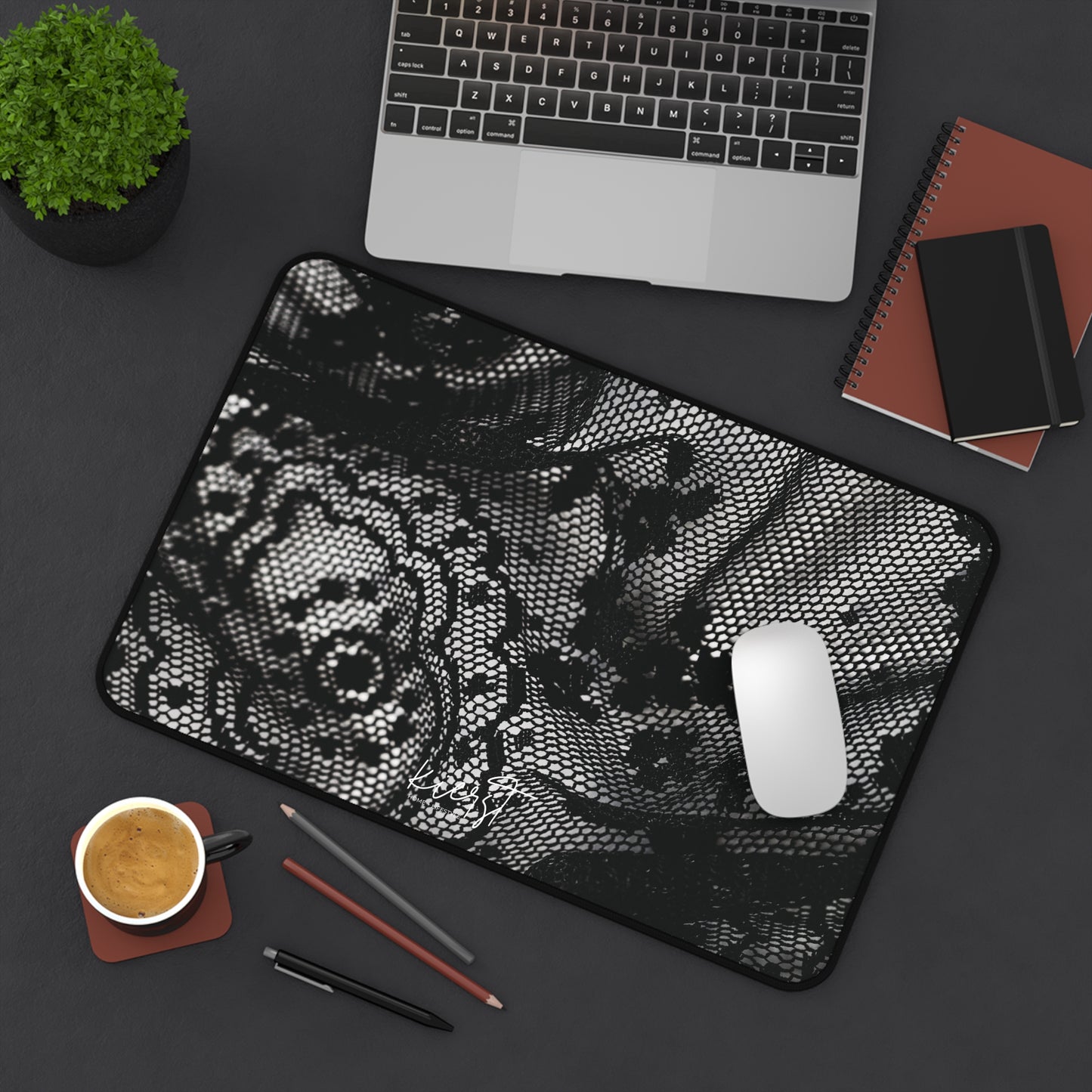 Black + White Lace Print Desk Mat