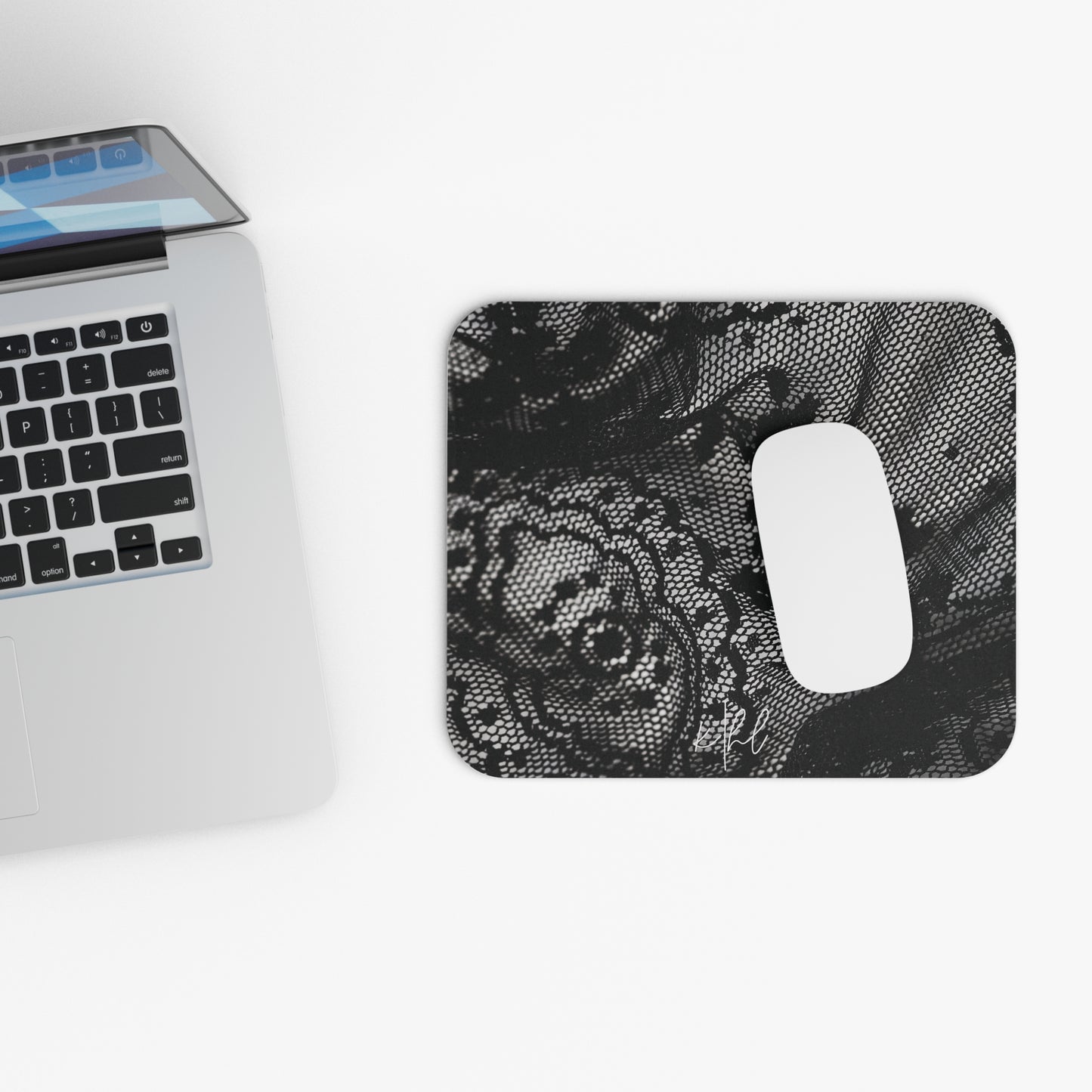 Black + White Lace Print Mouse Pad