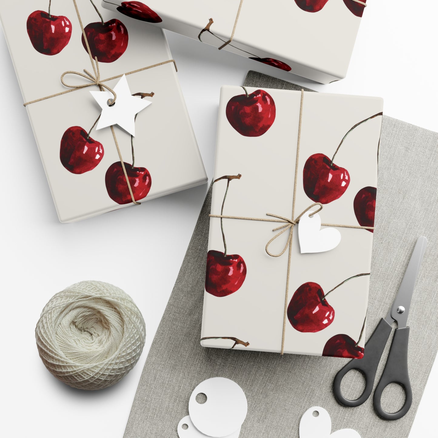 Moody Cherry Stem Gift Wrapping Paper – Glossy Red Fruit on Bone Color