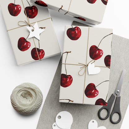 Moody Cherry Stem Gift Wrapping Paper – Glossy Red Fruit on Bone Color