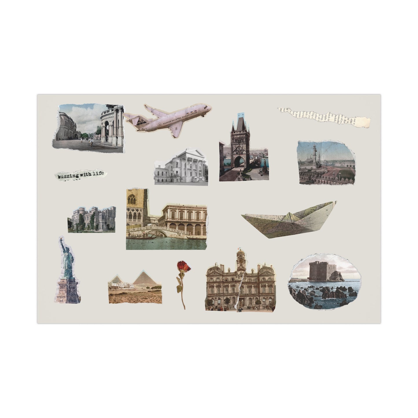 Vintage Stamps Travel Architecture on Bone Gift Wrapping Paper