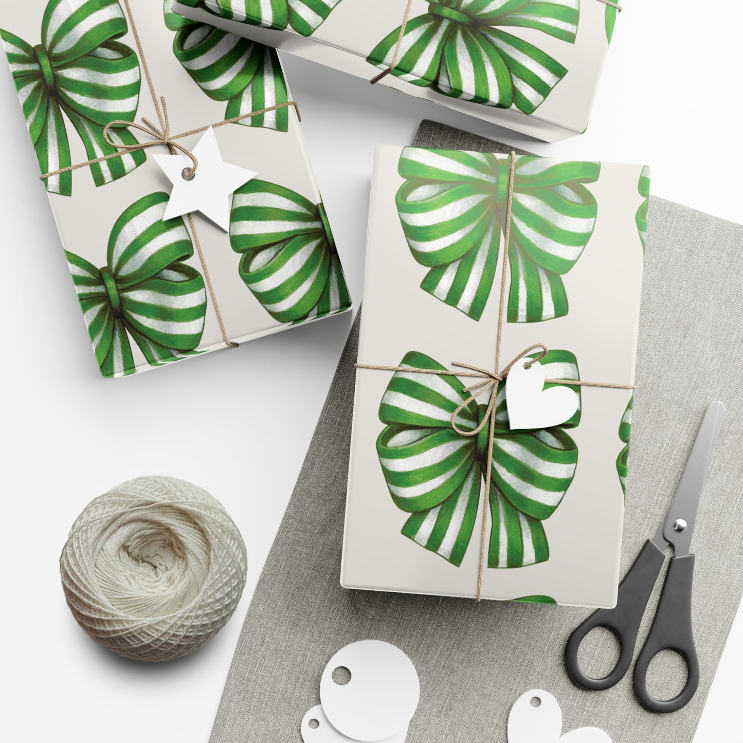 Green and White Stripe Printed Bows on Bone Gift Wrapping Paper