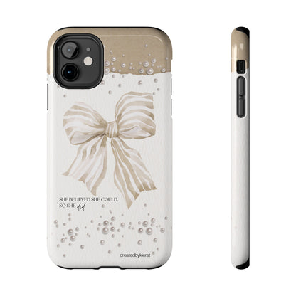 Tan and White Bow With Pearls She Believed She Could iPhone Case