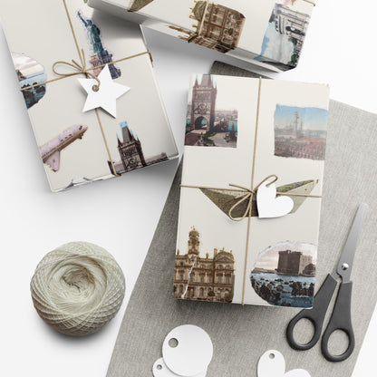 Stamped in Time Gift Wrapping Paper – Vintage Architecture & Travel Collage on Bone