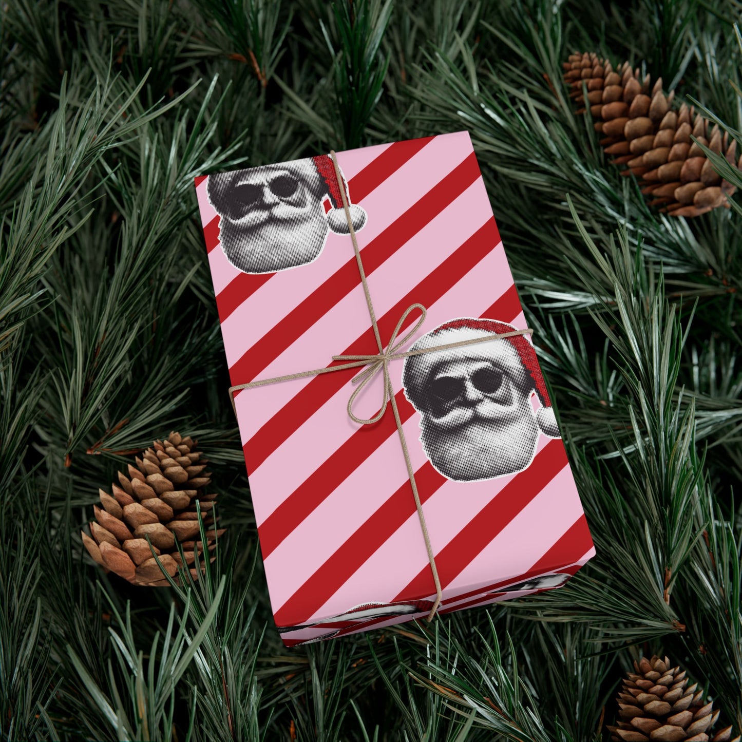 Cool Santa on Pink and Red Diagonal Striped Gift Wrapping paper