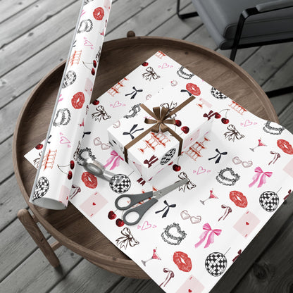 Edge of Romance Wrapping Paper | White Background Gift Wrap with Chic Sticker-Inspired Design