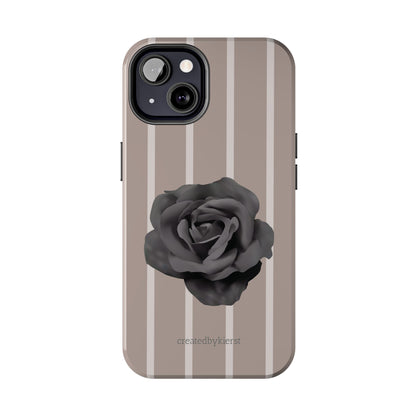 Cream and Brown Vertical Stripes with Black Rose iPhone Case