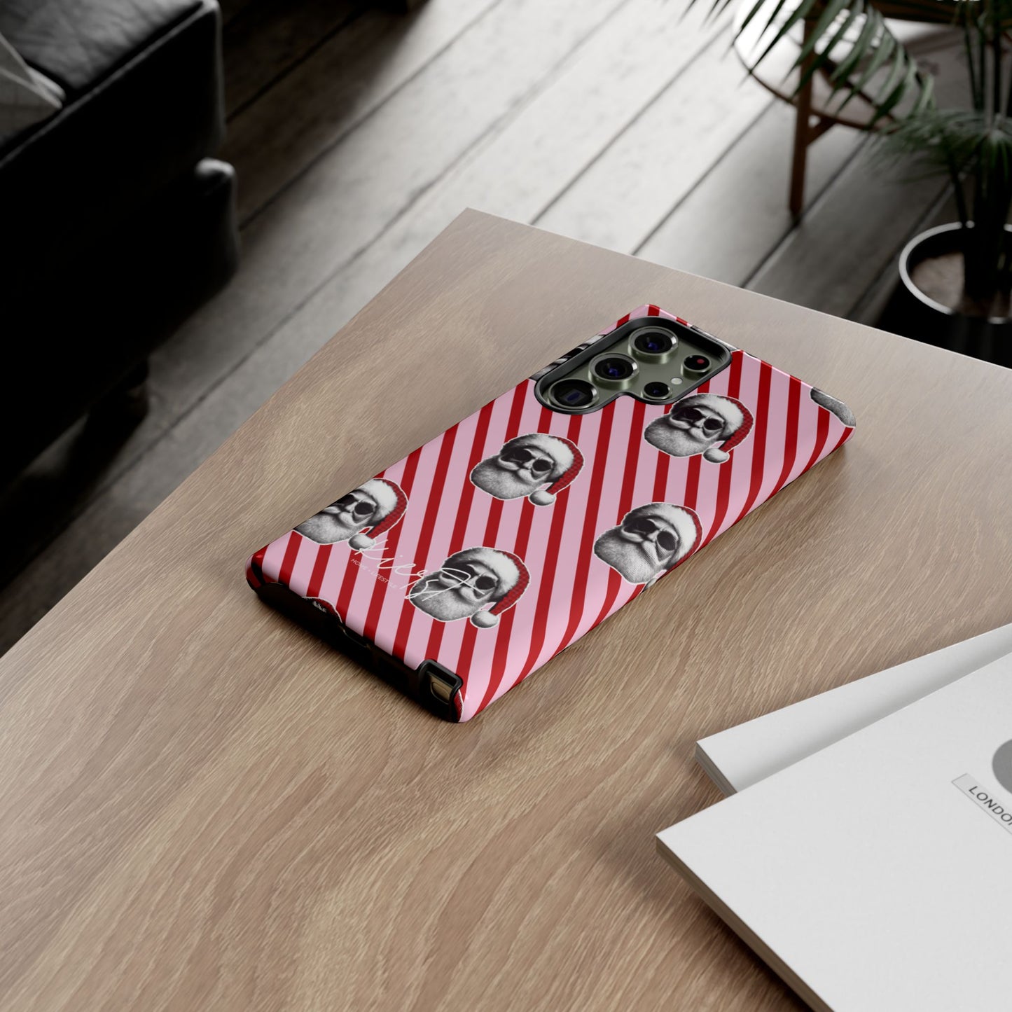 Holiday 25 Cool Santa on Pink and Red Diagonal Striped Samsung Galaxy Phone Case
