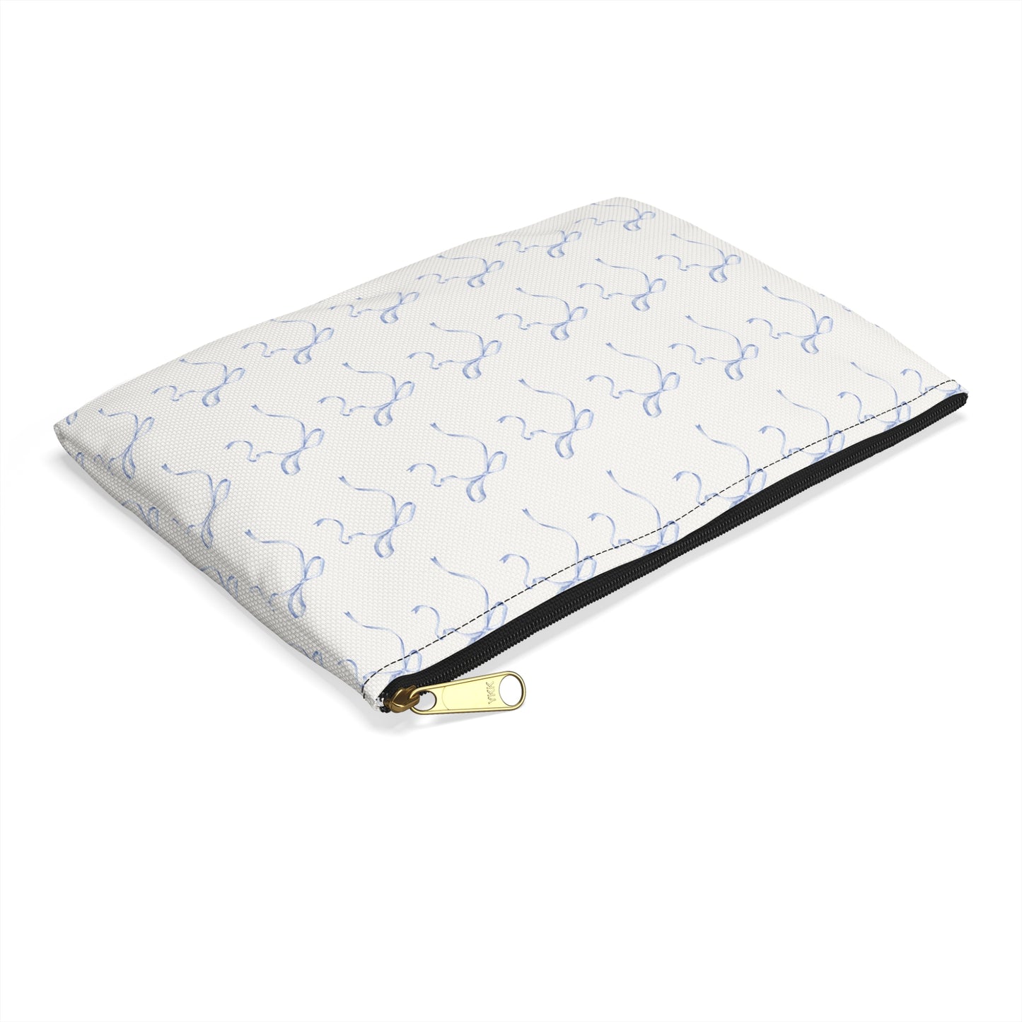 Multiple Thin Blue Bows on Beige Accessory Pouch