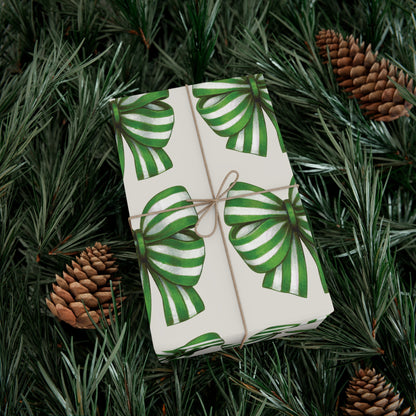 Green and White Stripe Printed Bows on Bone Gift Wrapping Paper