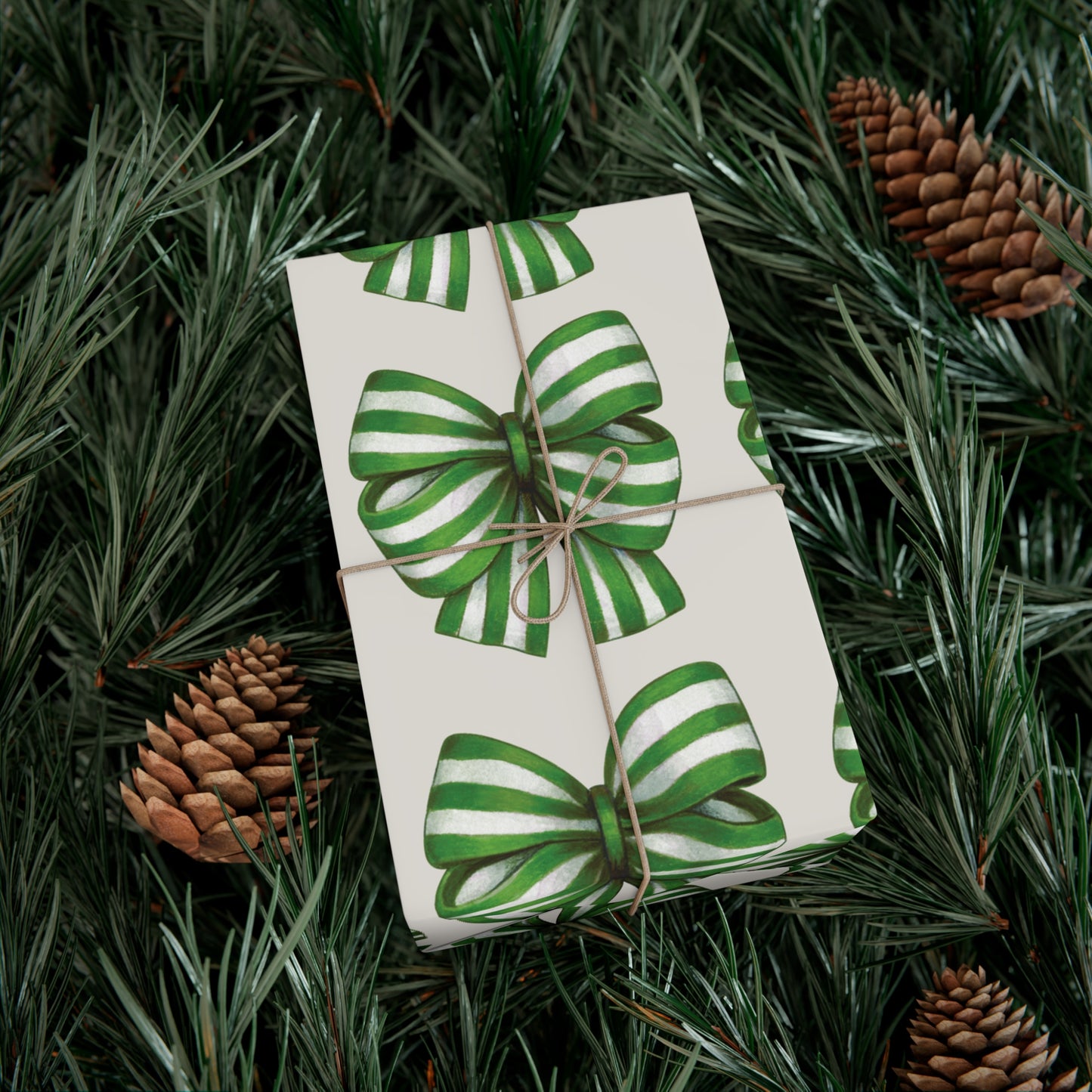 Green and White Stripe Printed Bows on Bone Gift Wrapping Paper