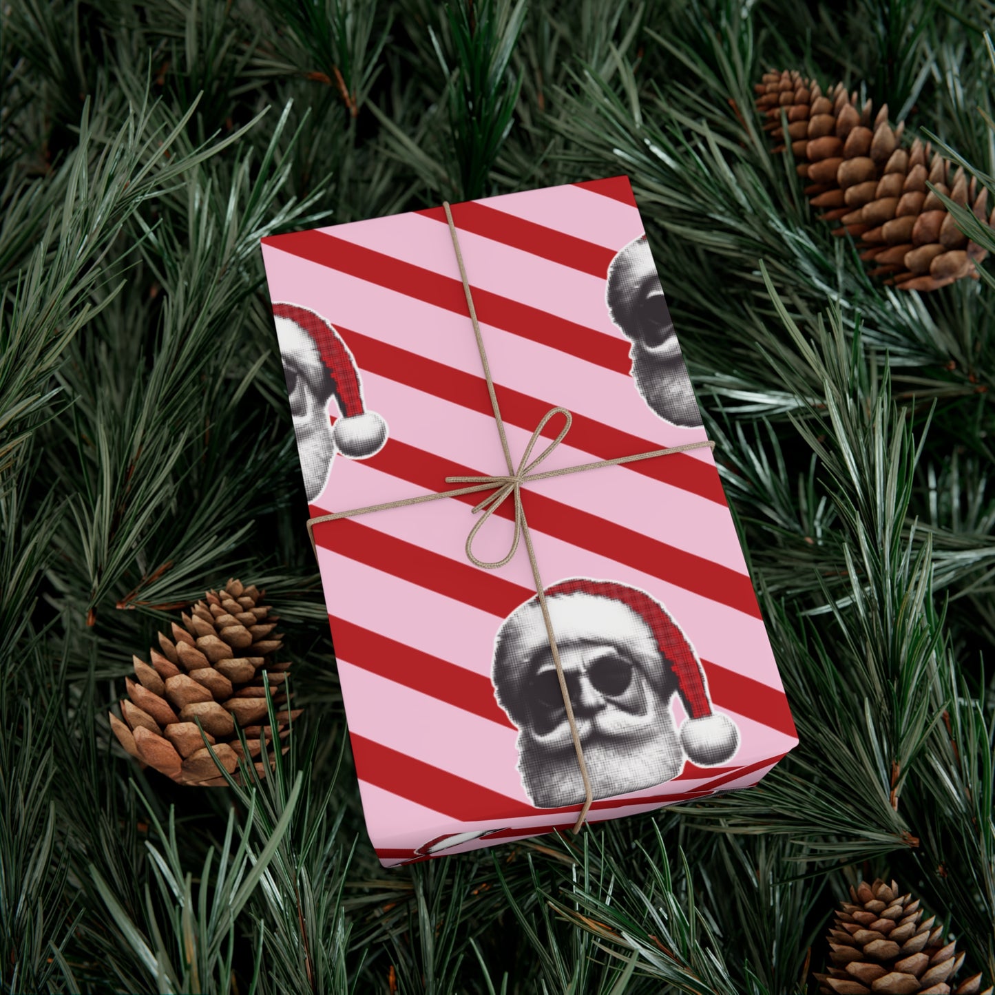 Cool Santa on Pink and Red Diagonal Striped Gift Wrapping paper