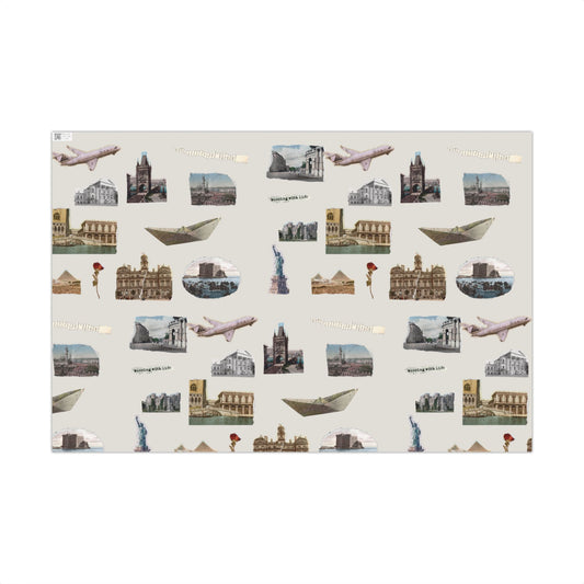 Stamped in Time Gift Wrapping Paper – Vintage Architecture & Travel Collage on Bone