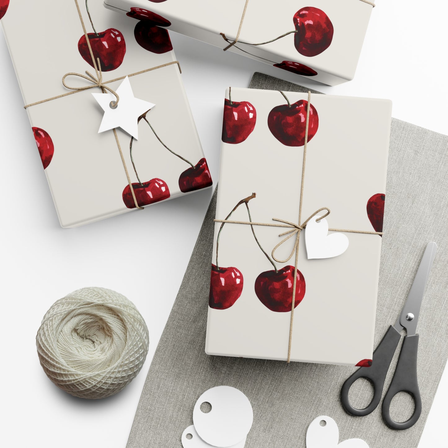 Moody Cherry Stem Gift Wrapping Paper – Glossy Red Fruit on Bone Color