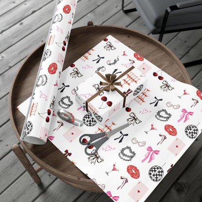 Edge of Romance Wrapping Paper | White Background Gift Wrap with Chic Sticker-Inspired Design