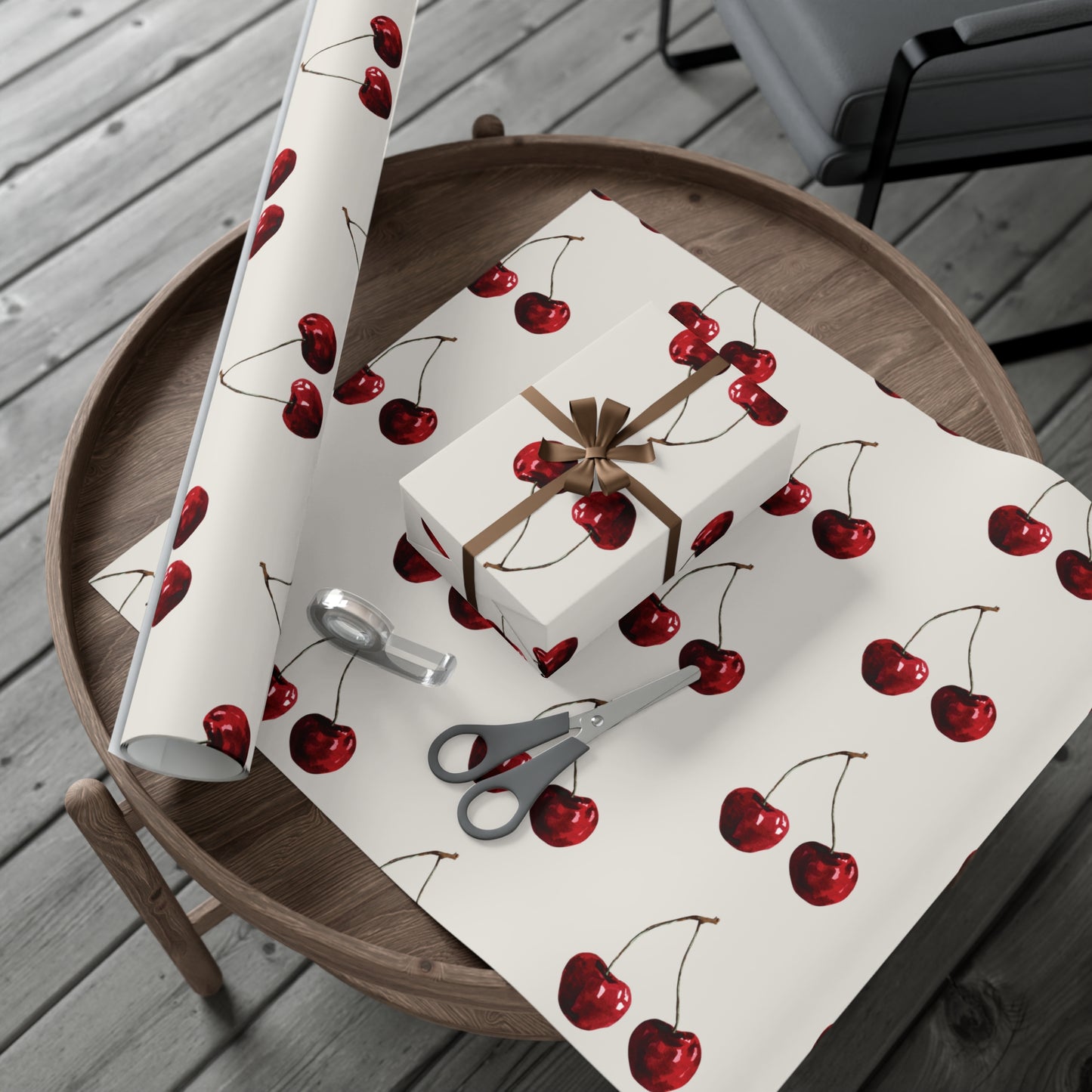 Moody Cherry Stem Gift Wrapping Paper – Glossy Red Fruit on Bone Color